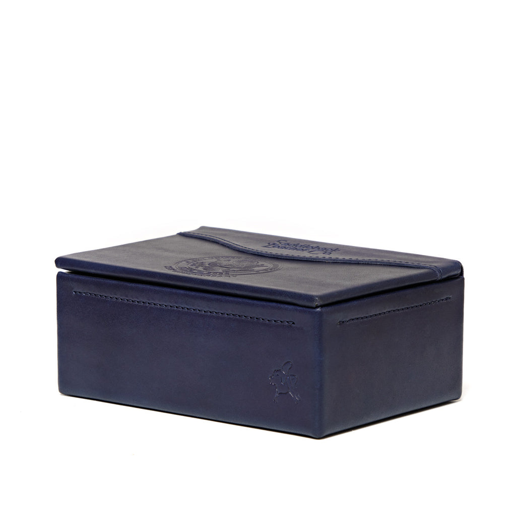 Saddleback Club Membership Thomas Jefferson Leather Desk Box in Blue and Red, closed angled view with embossed lid