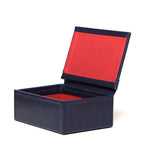 Saddleback Club Membership Thomas Jefferson Leather Desk Box in Blue and Red, angled view with lid open