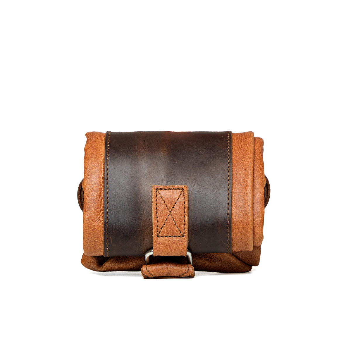 Travel Tote in Bacon, rolled up for packing and secured with its leather strap and D-ring