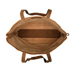 Travel Tote in Bacon, top view open and empty showing the roomy interior and leather base panel