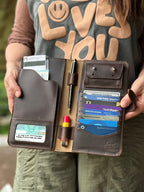 New Big Wallet in Dark Coffee Brown held open showing card slots, pen loop, ID window and pockets