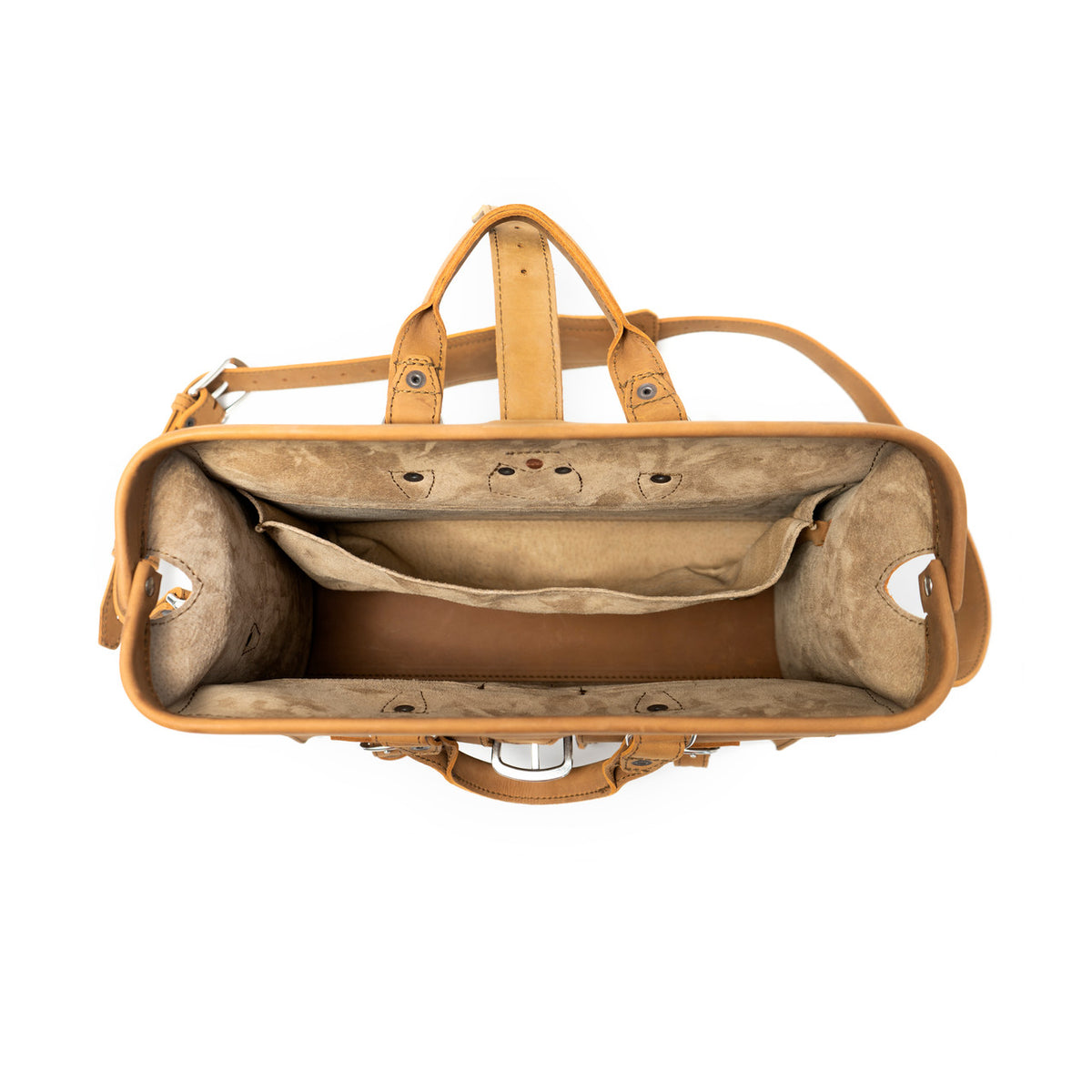 Flight Bag Leather Briefcase in tan, top-down view of the open main compartment with pigskin lining
