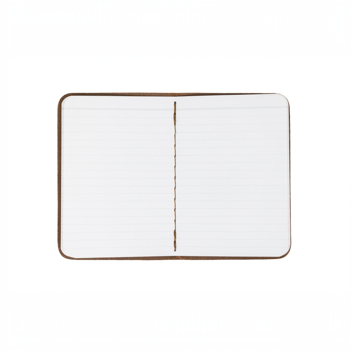 Leather Pocket Notebook in Dark Coffee Brown lying open to show lined pages and center stitching