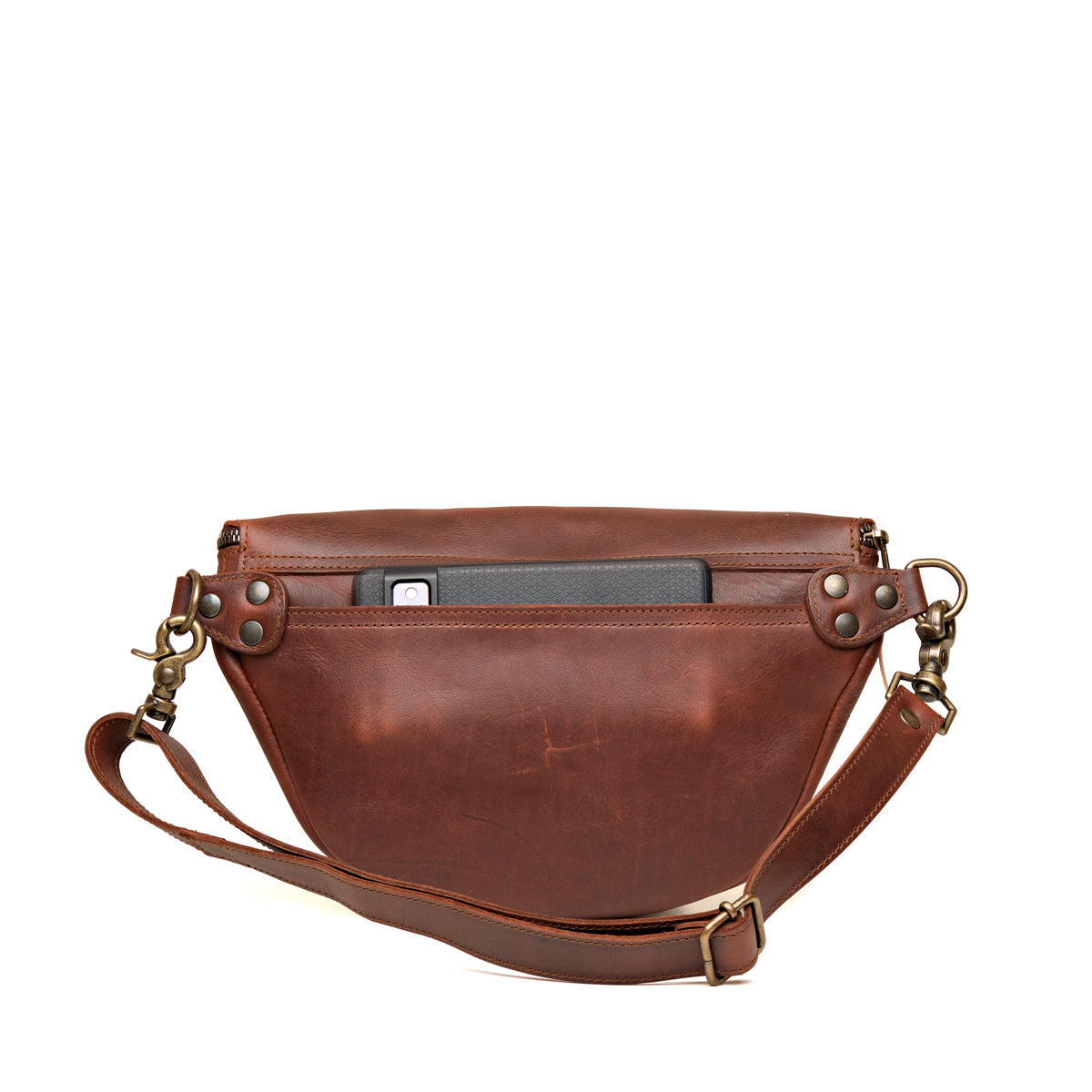 Leather Tumbled Fanny Bag in Chestnut, back view with a phone in the rear slip pocket