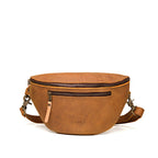 Leather Tumbled Fanny Bag in Tobacco, front view with zippered front pocket and embossed logo