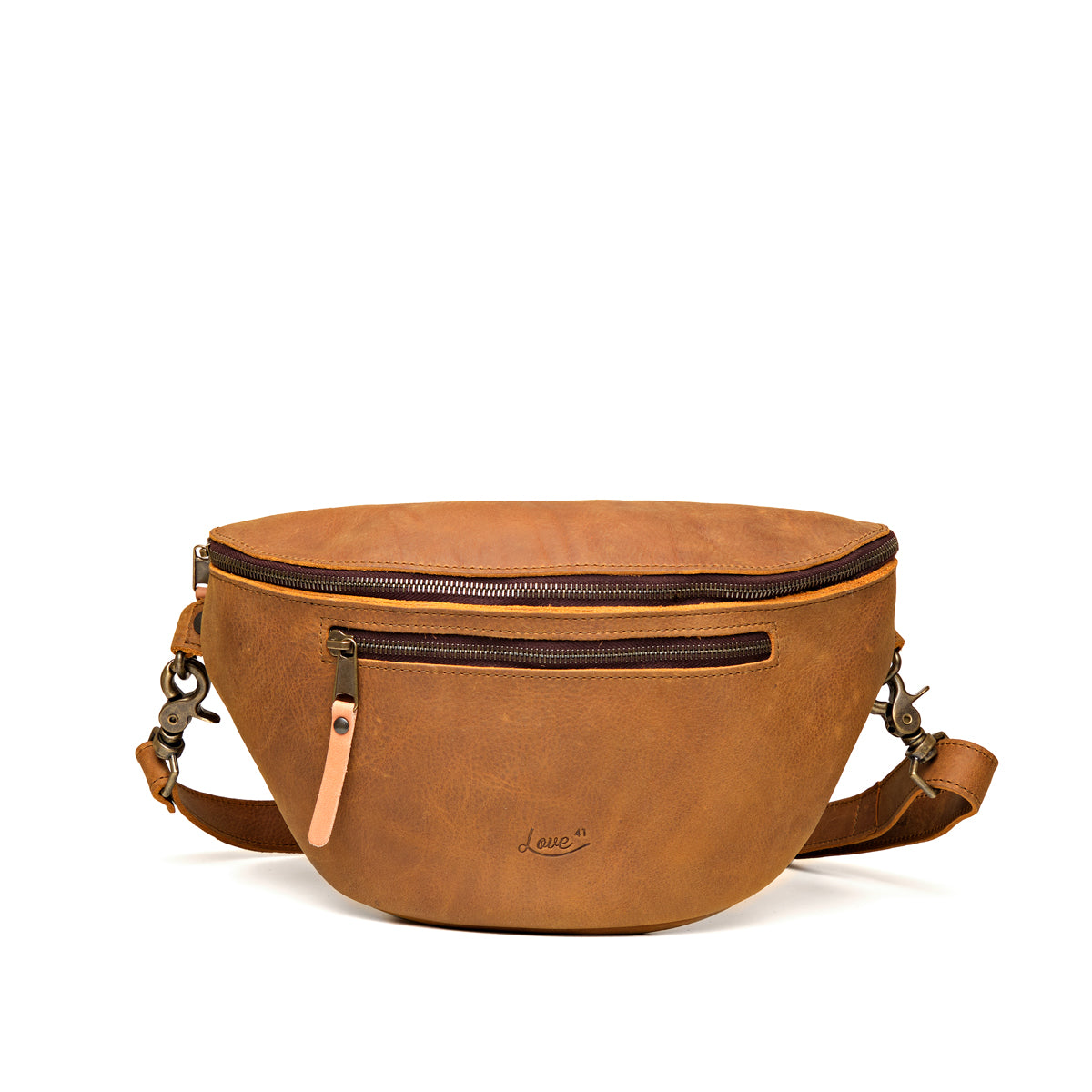 Leather Tumbled Fanny Bag in Tobacco, front view with zippered front pocket and embossed logo