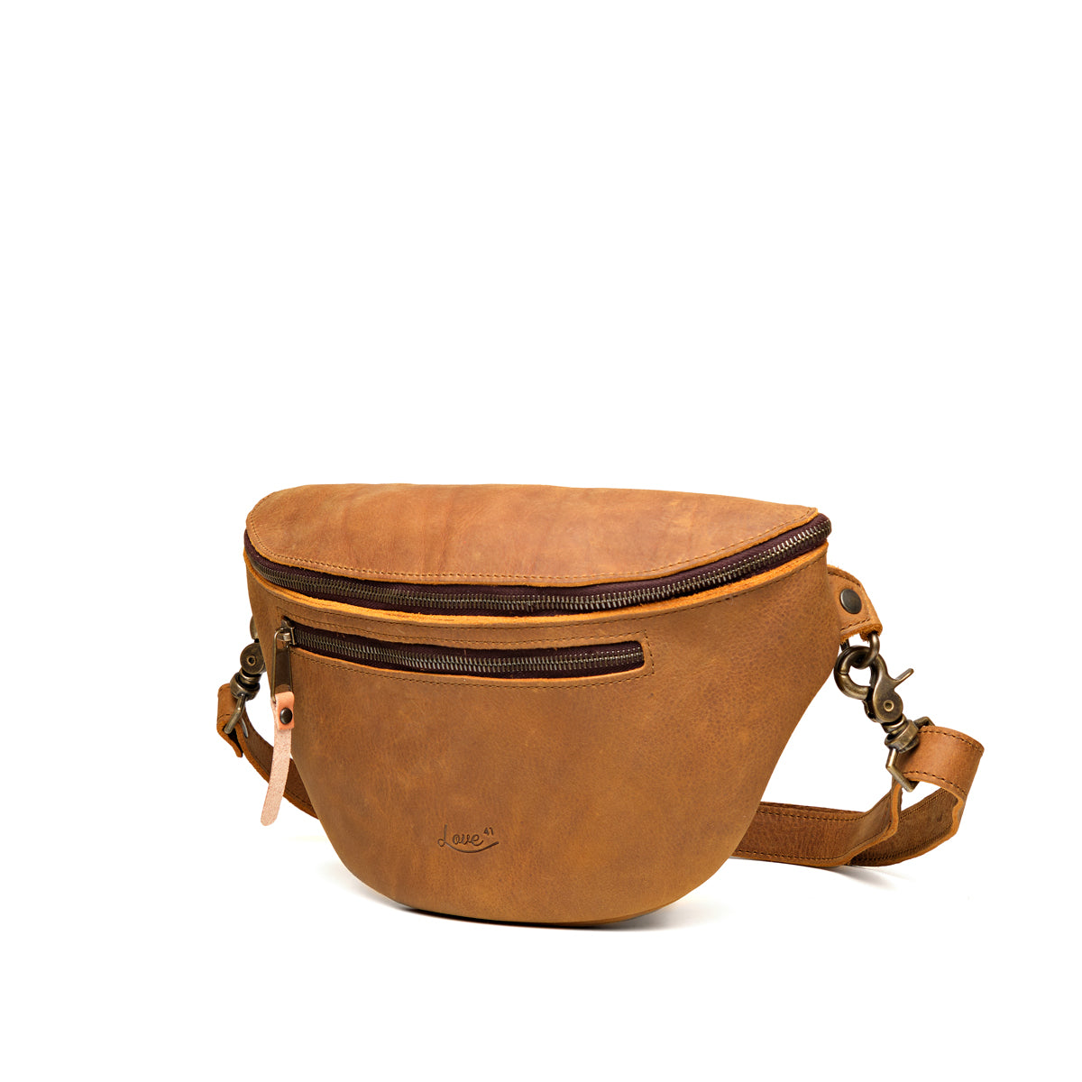 Leather Tumbled Fanny Bag in Tobacco, angled side view showing the zippered front pocket