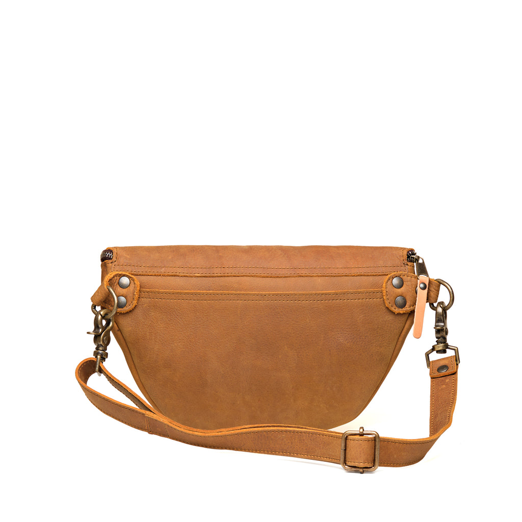 Leather Tumbled Fanny Bag in Tobacco, back view with rear slip pocket and buckled strap