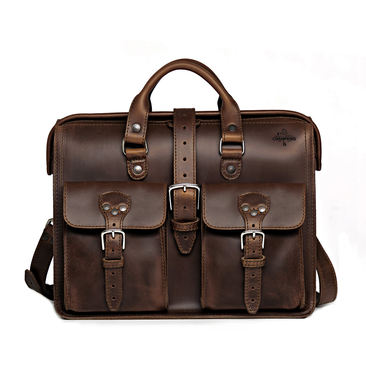 Flight Bag Leather Briefcase, Los Angeles Dodgers World Series Champions edition in Dark Coffee Brown, front view