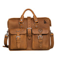 Flight Bag Leather Briefcase - Los Angeles Dodgers in Tobacco, front view with embossed team logo and buckled pockets