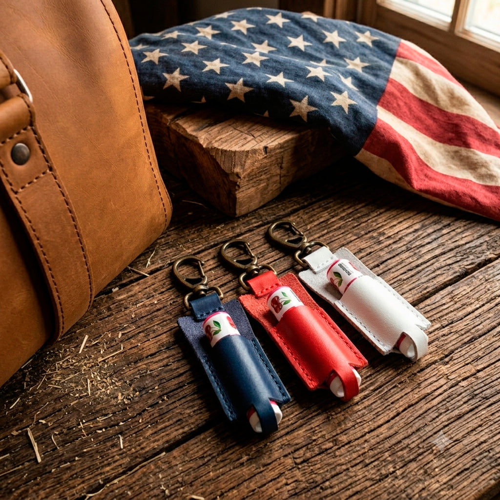 Leather Chapstick Holder in navy, red and white on a wooden table beside an American flag and tan bag
