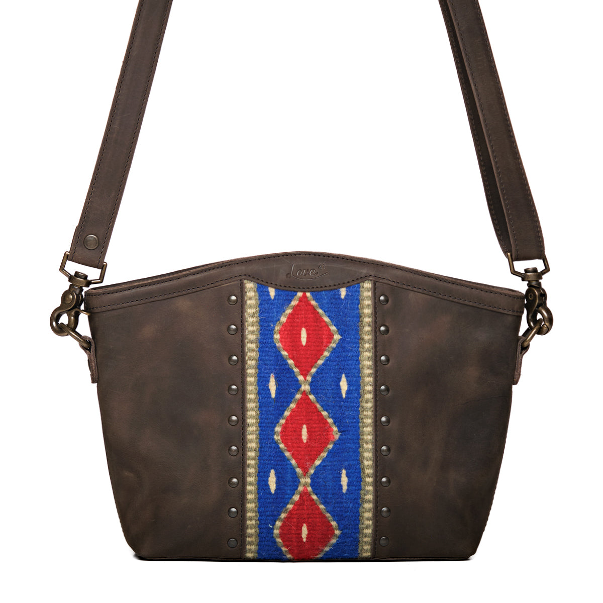 Lanita Medium Crossbody in Charcoal Gray, front view with blue and red woven panel, stud trim and shoulder strap