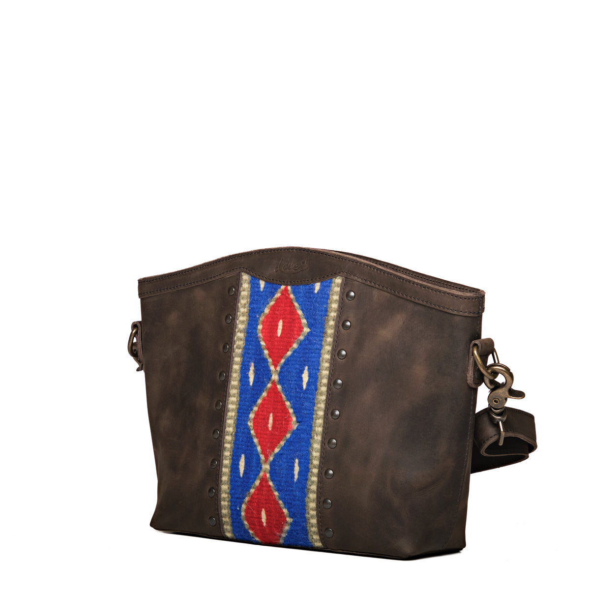 Lanita Medium Crossbody in Charcoal Gray, angled front view with blue and red woven panel and stud trim