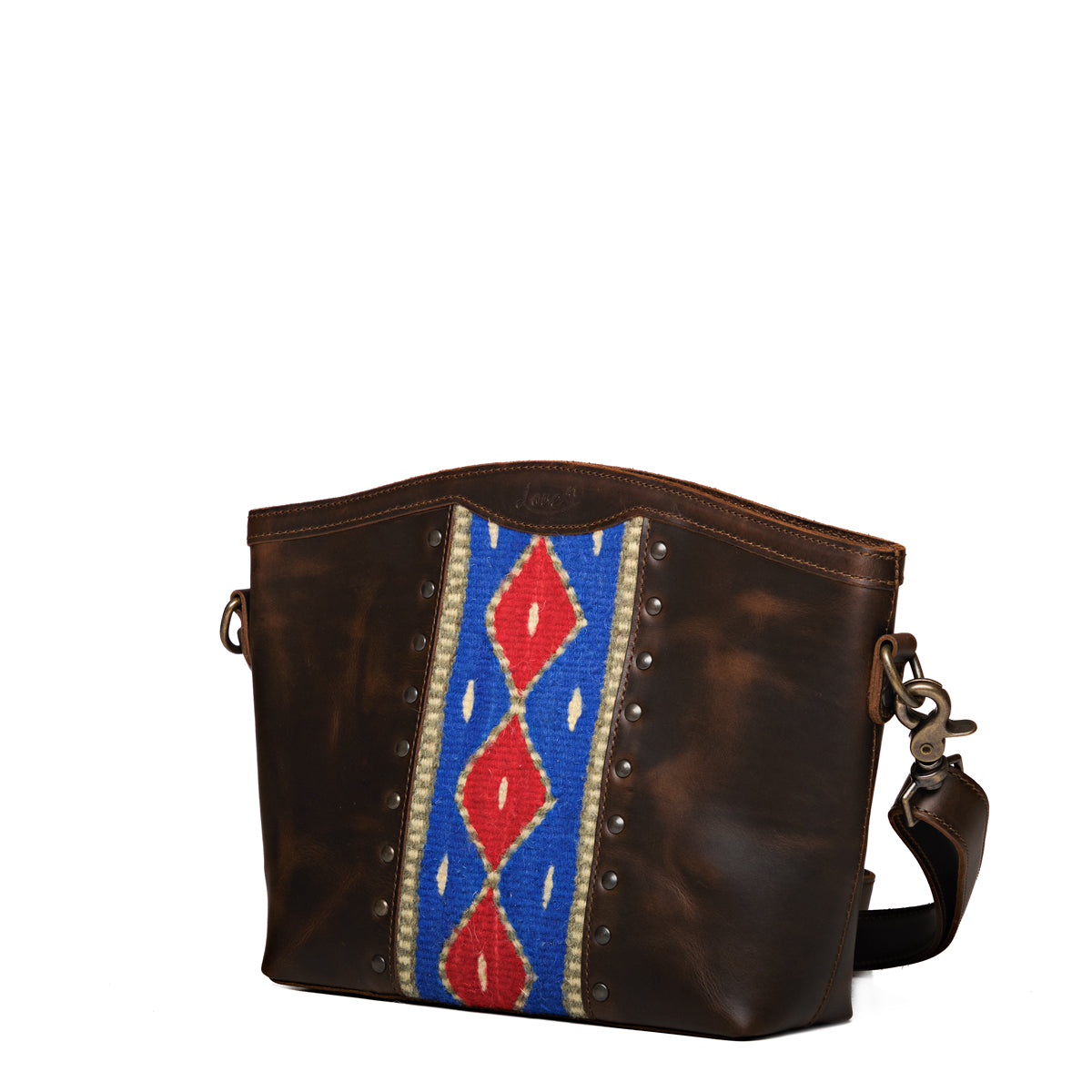 Lanita Medium Crossbody in Dark Coffee Brown, angled front view with blue and red woven panel and stud trim