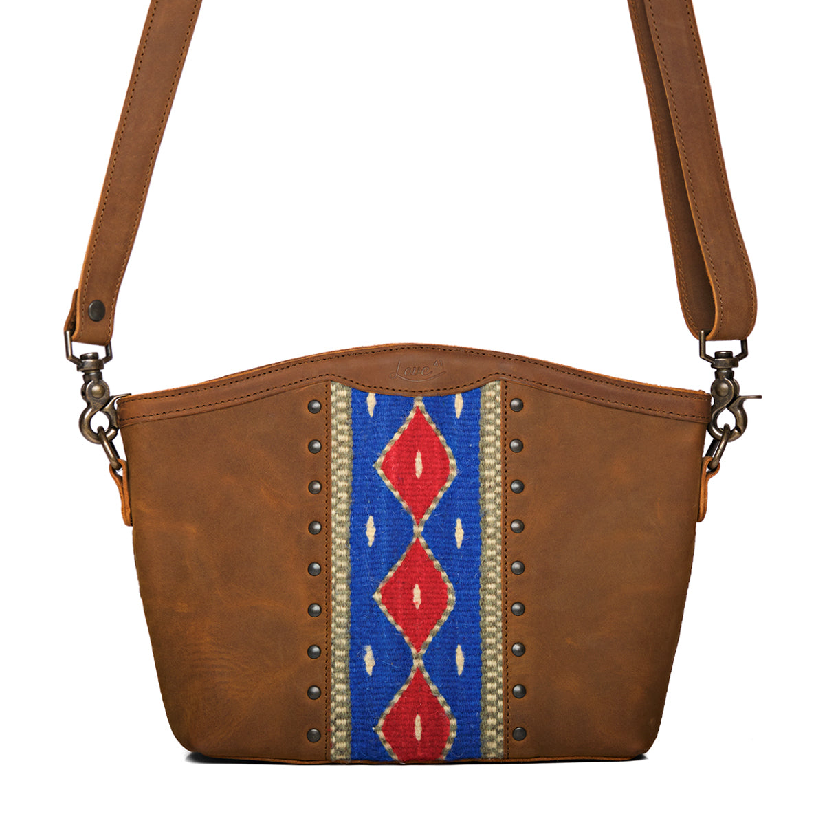 Lanita Medium Crossbody in Tobacco, front view with blue and red woven panel, stud trim and shoulder strap