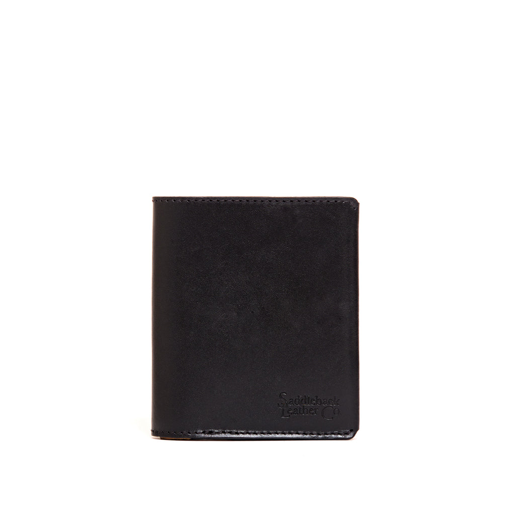 Large Bifold Wallet in Black, closed front view with embossed logo