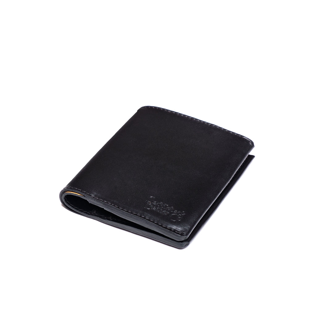 Large Bifold Wallet in Raven Black, closed angled view with embossed logo on the front