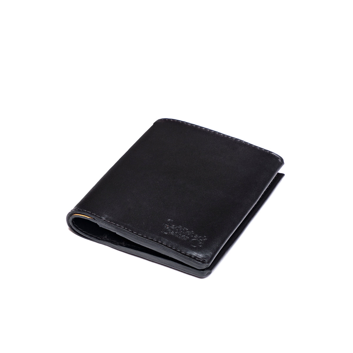Large Bifold Wallet in Black, closed angled view with embossed logo