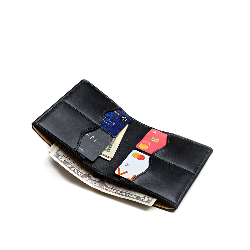 Large Bifold Wallet in Black, open view with card slots holding cards and cash