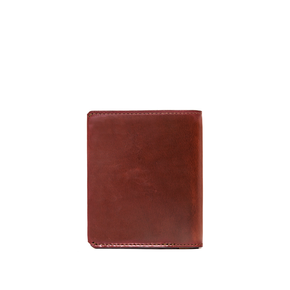Large Bifold Wallet in Chestnut, closed back view with stitched edges