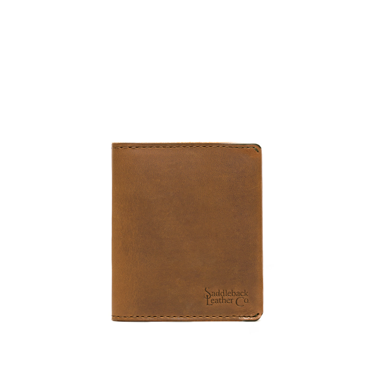 Large Bifold Wallet in Tobacco, closed front view with stitched edges and embossed logo