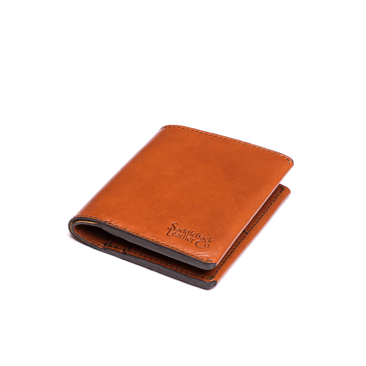 Large Bifold Wallet in English Tan, closed angled view with embossed logo on the front