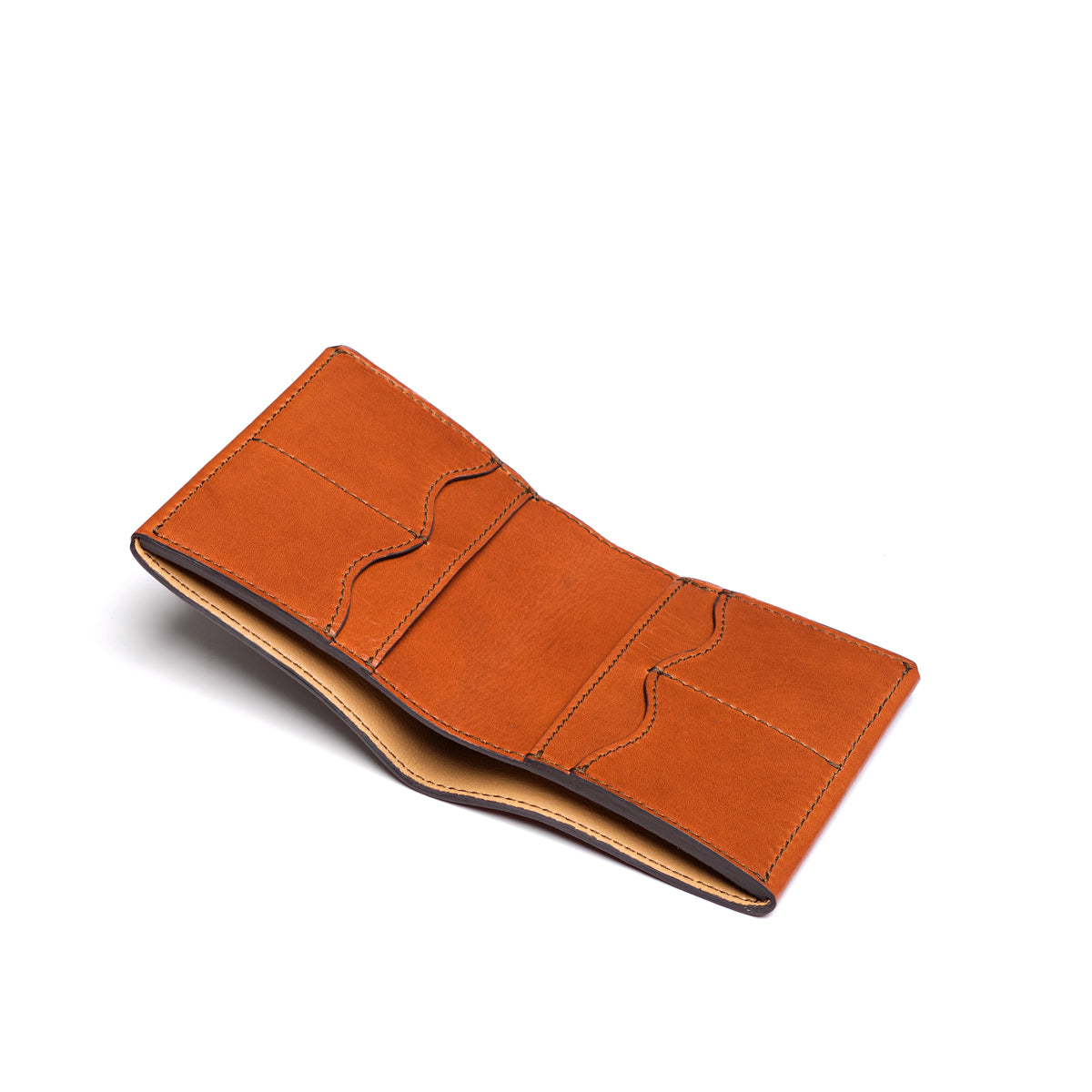 Large Bifold Wallet in English Tan, open angled view showing the interior card slots