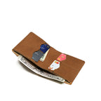 Large Bifold Wallet in Tobacco, open view with card slots holding cards and cash