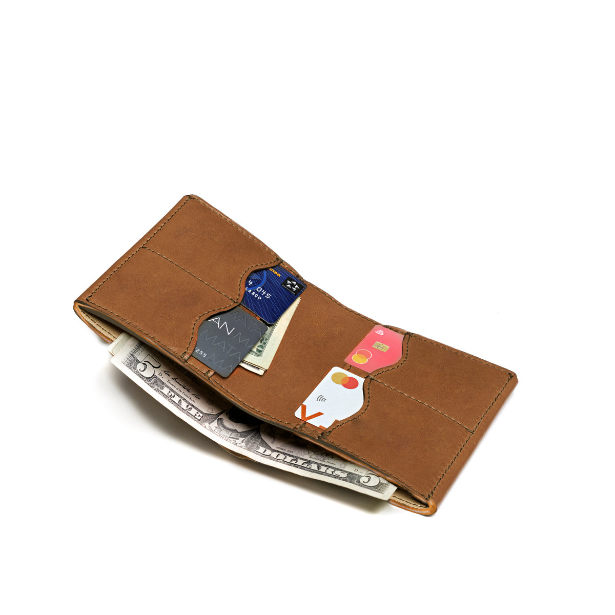 Large Bifold Wallet in Tobacco, open view with card slots holding cards and cash