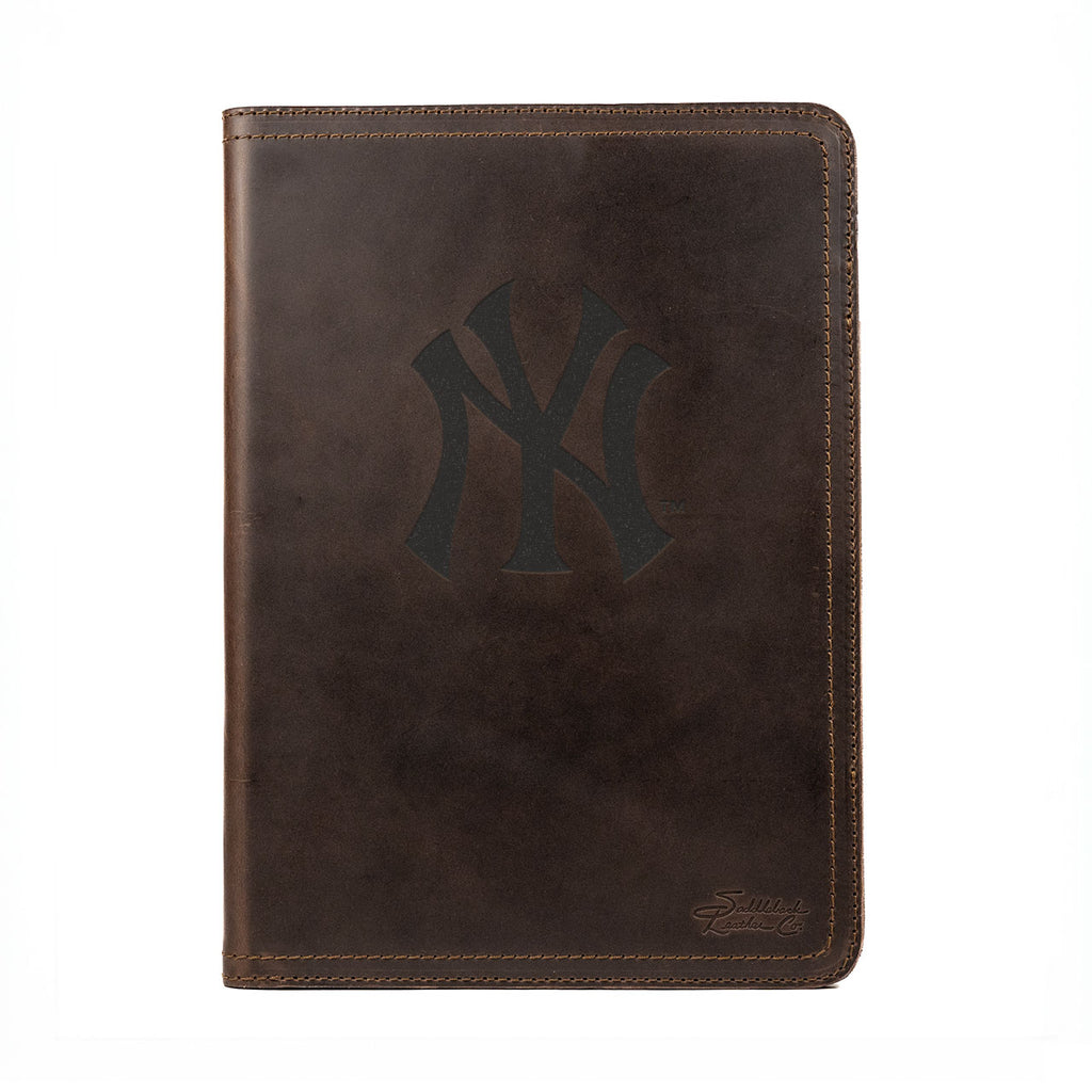 Leather Portfolio - New York Yankees in Dark Coffee Brown, closed, front view with NY logo and stitched edges