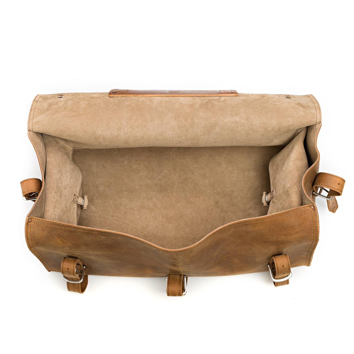 27" Adolescent Beast Duffle Bag in Tobacco, top view open and empty showing the suede lining