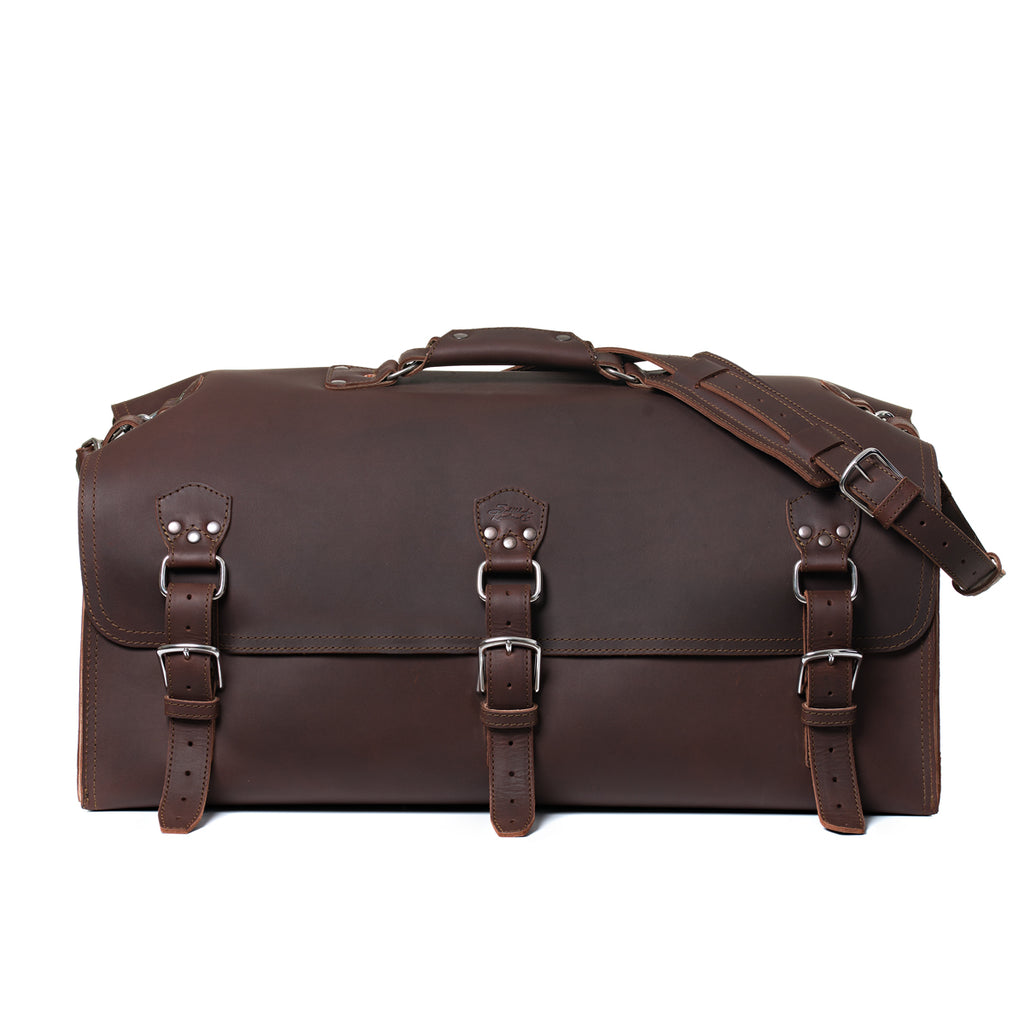 27" Adolescent Beast Duffle Bag in Chestnut, front view with three buckle straps and shoulder strap