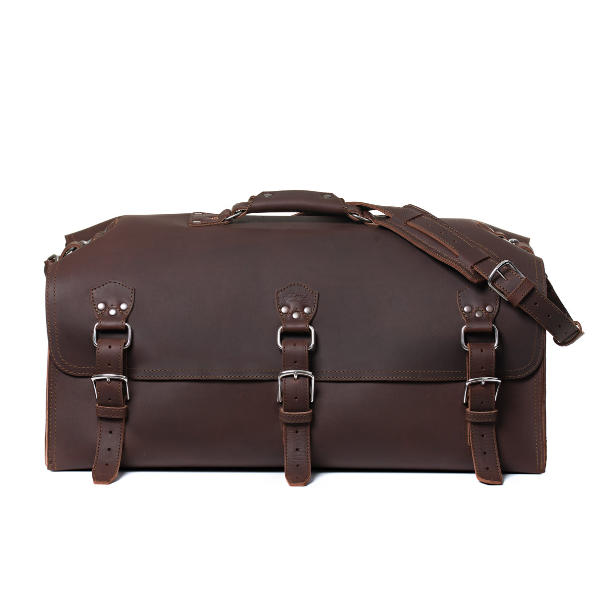27" Adolescent Beast Duffle Bag in Chestnut, front view with three buckle straps and shoulder strap