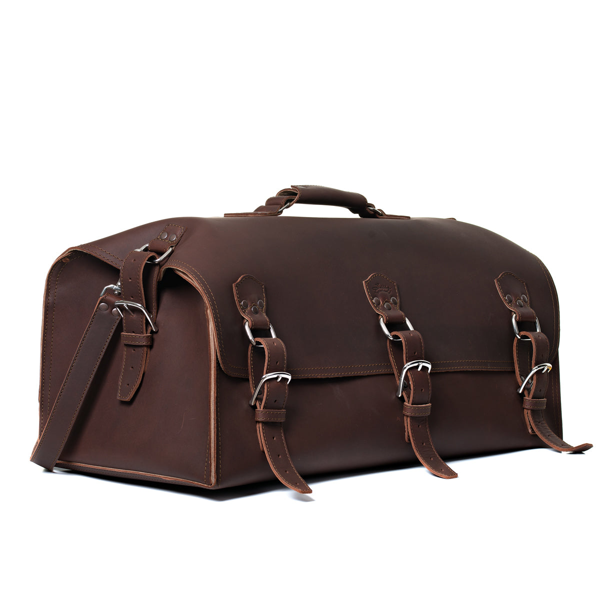 27" Adolescent Beast Duffle Bag in Chestnut, angled front view with three buckle straps and top handle