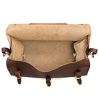 27" Adolescent Beast Duffle Bag in Chestnut, top view open and empty showing the suede lining