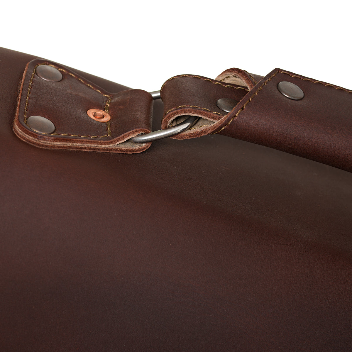 27" Adolescent Beast Duffle Bag in Chestnut, close-up of the riveted handle anchor and D-ring