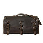 27" Adolescent Beast Duffle Bag in Dark Coffee Brown, front view with three buckle straps and shoulder strap