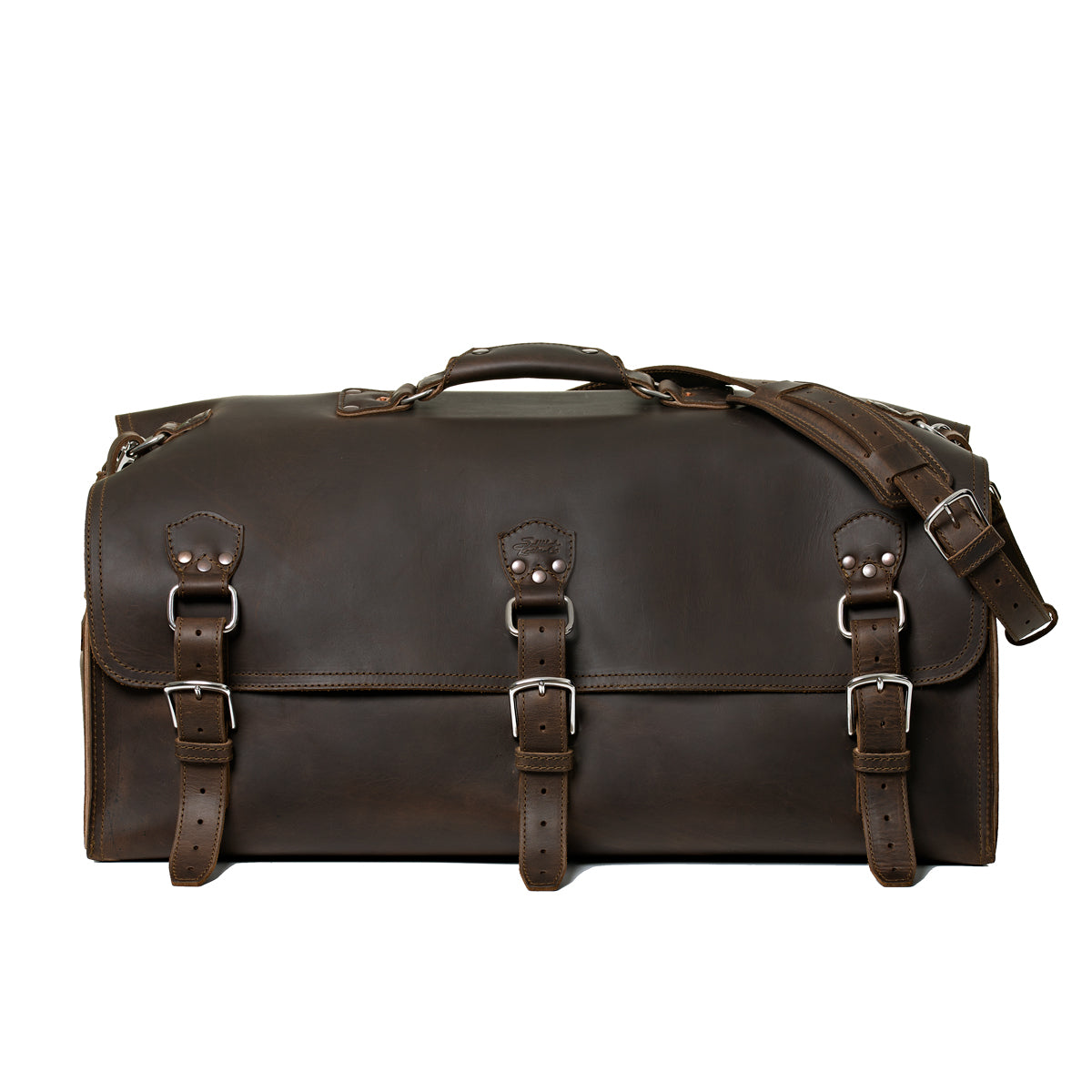 27" Adolescent Beast Duffle Bag in Dark Coffee Brown, front view with three buckle straps and shoulder strap