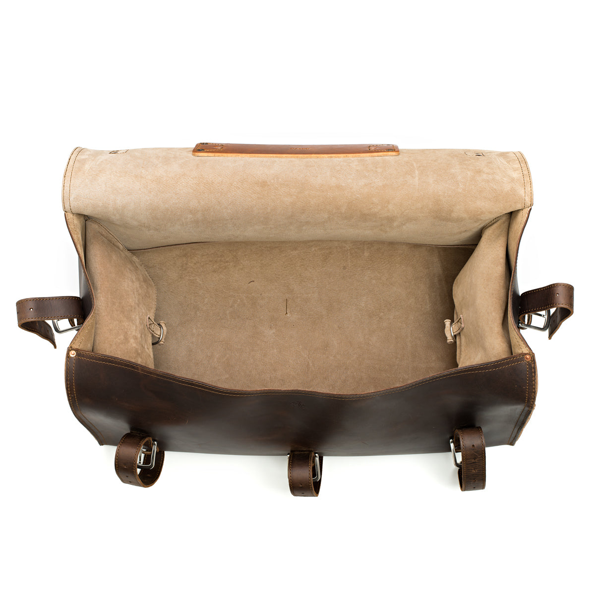 27" Adolescent Beast Duffle Bag in Dark Coffee Brown, top view open and empty showing the suede lining