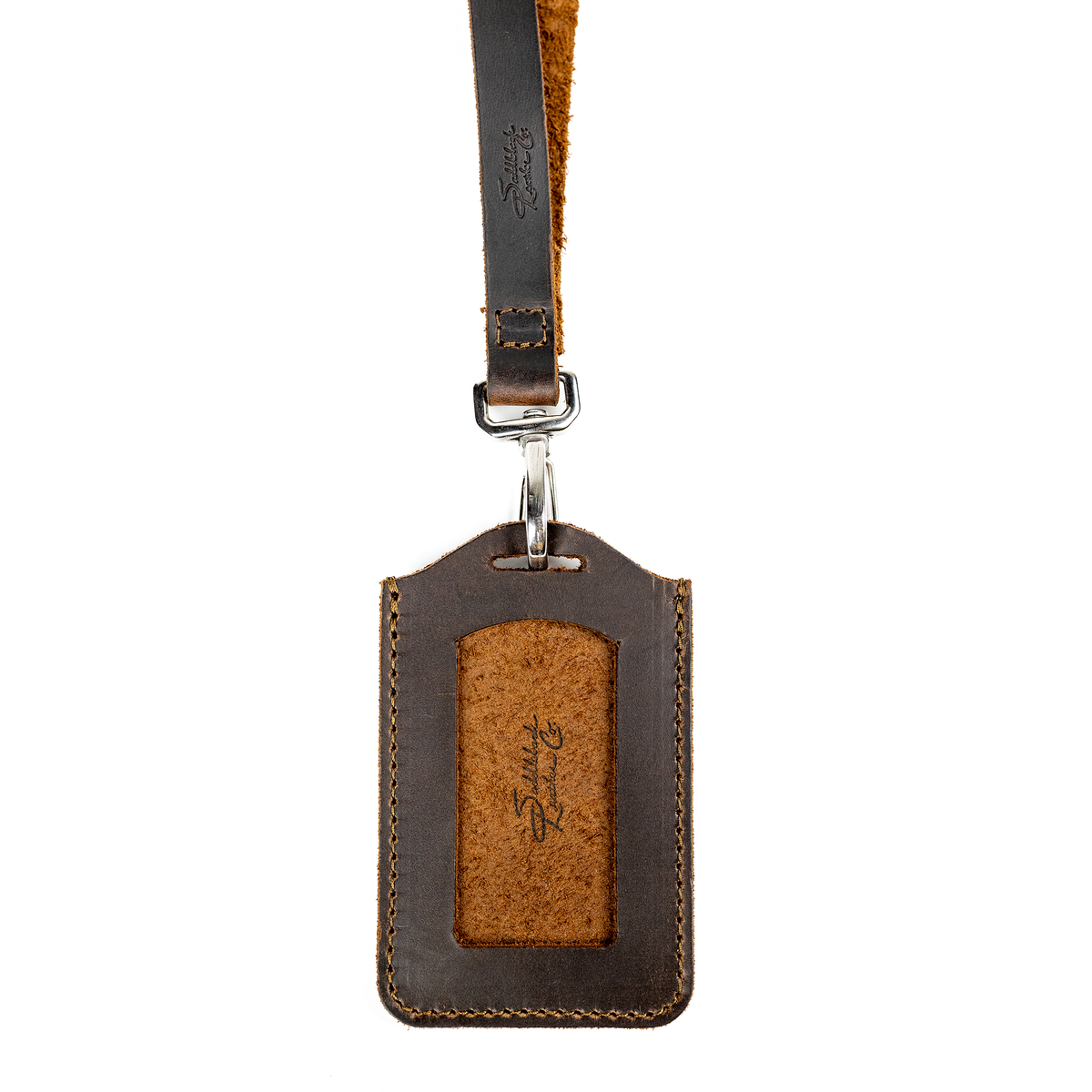 Lanyard & ID Holder in Dark Coffee Brown, hanging view of ID holder back with embossed suede panel