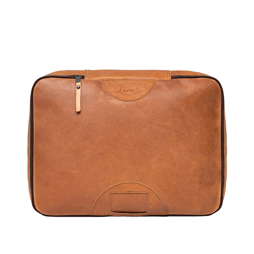 Pigskin Leather Packing Cube Set, large cube top view with embossed logo and label window