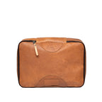 Pigskin Leather Packing Cube Set, medium cube top view with embossed logo and label window