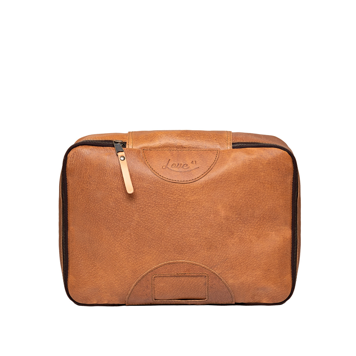 Pigskin Leather Packing Cube Set, medium cube top view with embossed logo and label window