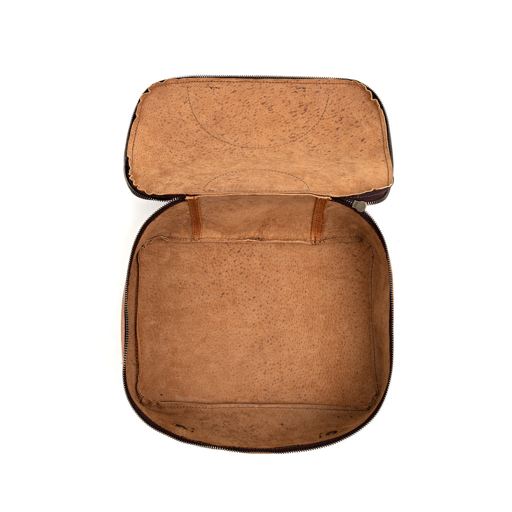 Pigskin Leather Packing Cube Set, small cube unzipped flat showing the empty suede interior