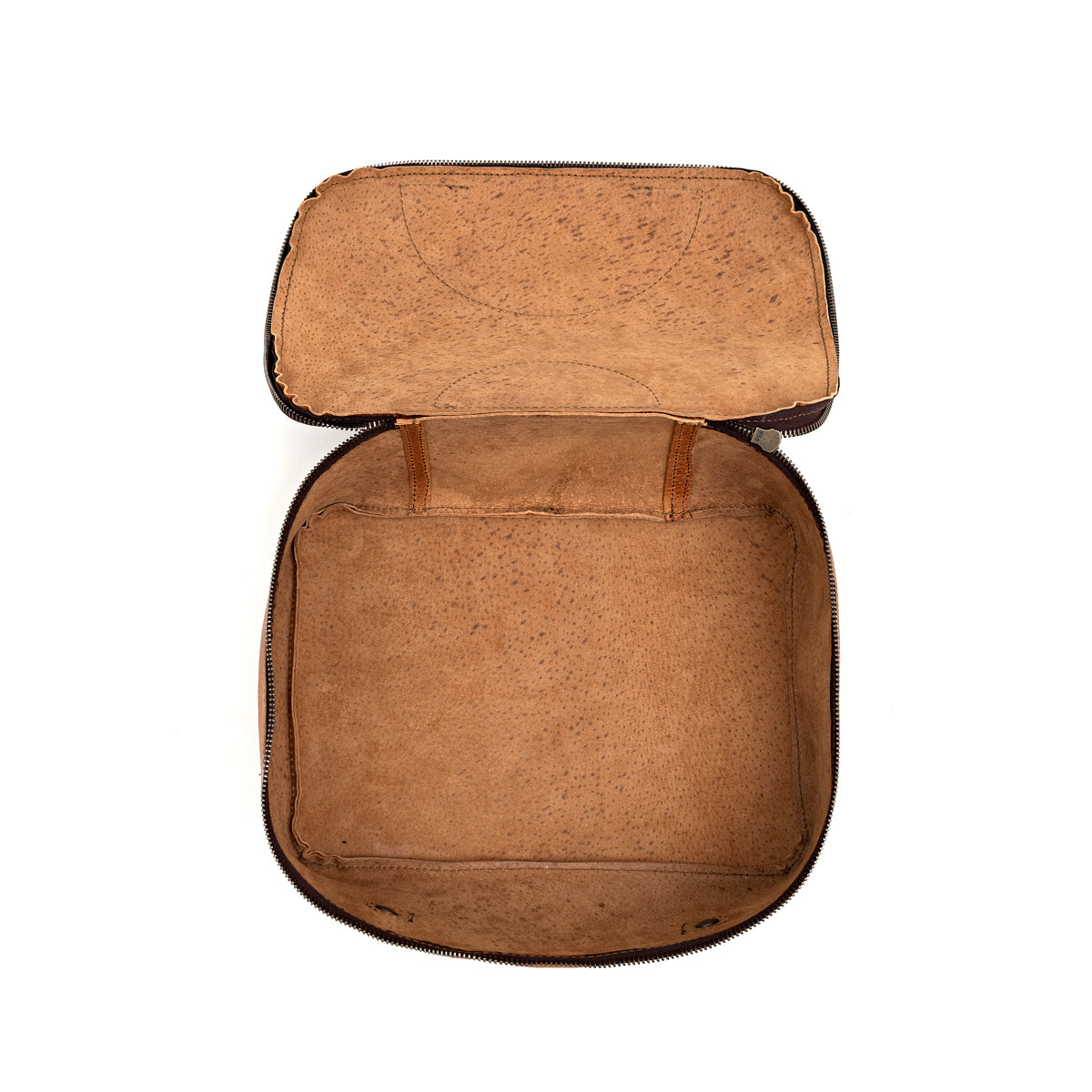Pigskin Leather Packing Cube Set, small cube unzipped flat showing the empty suede interior