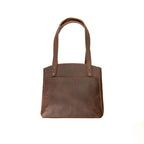 Leather Organizer Satchel in Dark Coffee Brown, back view with exterior slip pockets