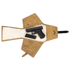 Small Leather Pistol Wrap fully unfolded, showing the suede flaps and fleece lining with a handgun and magazine
