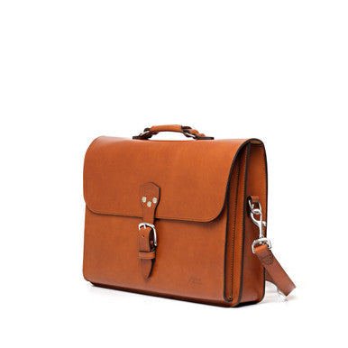 Livingstone Briefcase in English Tan, angled front side view with buckle flap