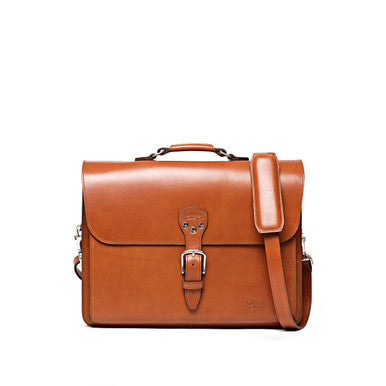 Livingstone Briefcase in English Tan, front view with buckle flap and shoulder strap