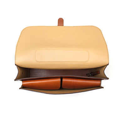 Livingstone Briefcase in English Tan, open top-down inside view showing interior pockets
